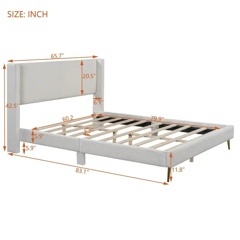 Lit plateforme Queen en velours côtelé gris / rose / beige avec tête de lit capitonnée – Assemblage à 2 personnes
