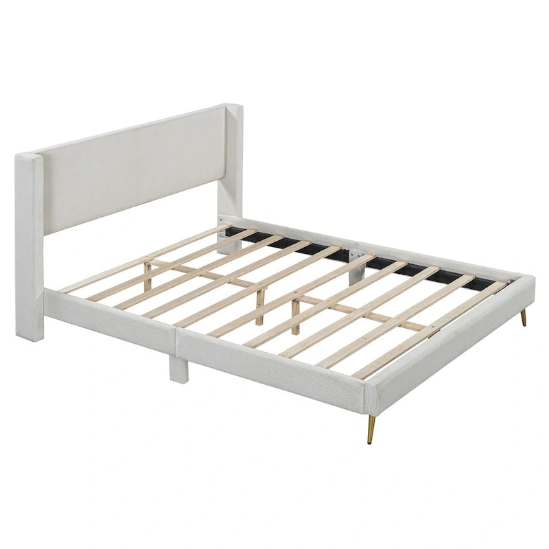 Lit plateforme Queen en velours côtelé gris / rose / beige avec tête de lit capitonnée – Assemblage à 2 personnes