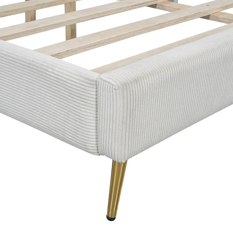 Lit plateforme Queen en velours côtelé gris / rose / beige avec tête de lit capitonnée – Assemblage à 2 personnes