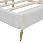 Lit plateforme Queen en velours côtelé gris / rose / beige avec tête de lit capitonnée – Assemblage à 2 personnes