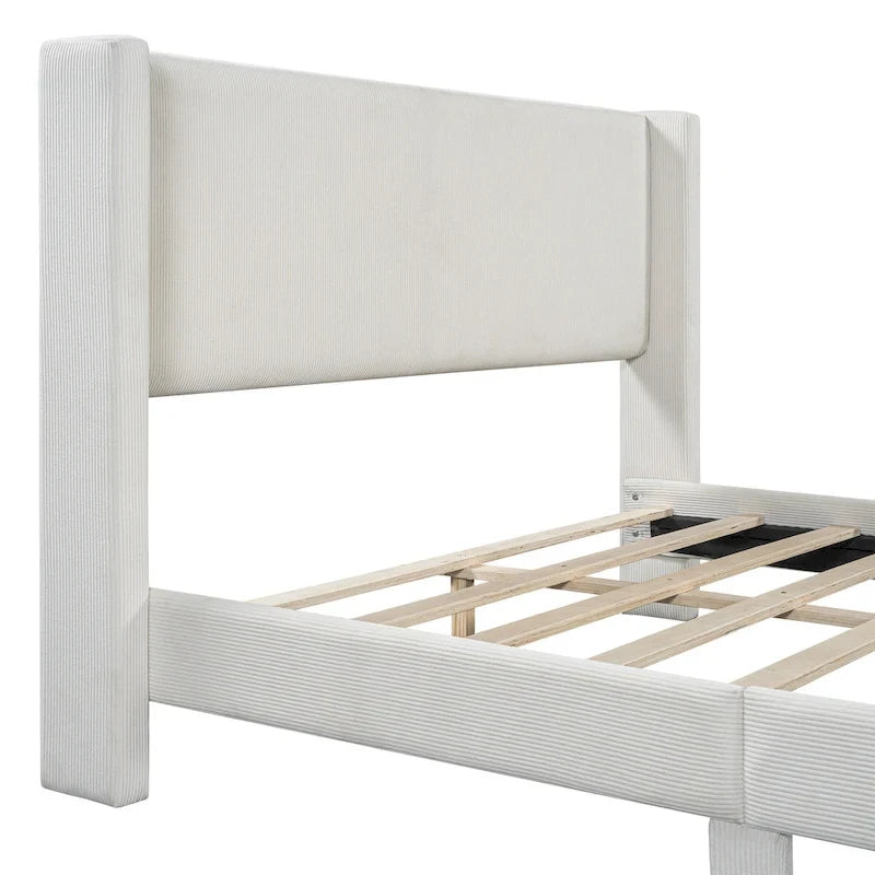 Lit plateforme Queen en velours côtelé gris / rose / beige avec tête de lit capitonnée – Assemblage à 2 personnes