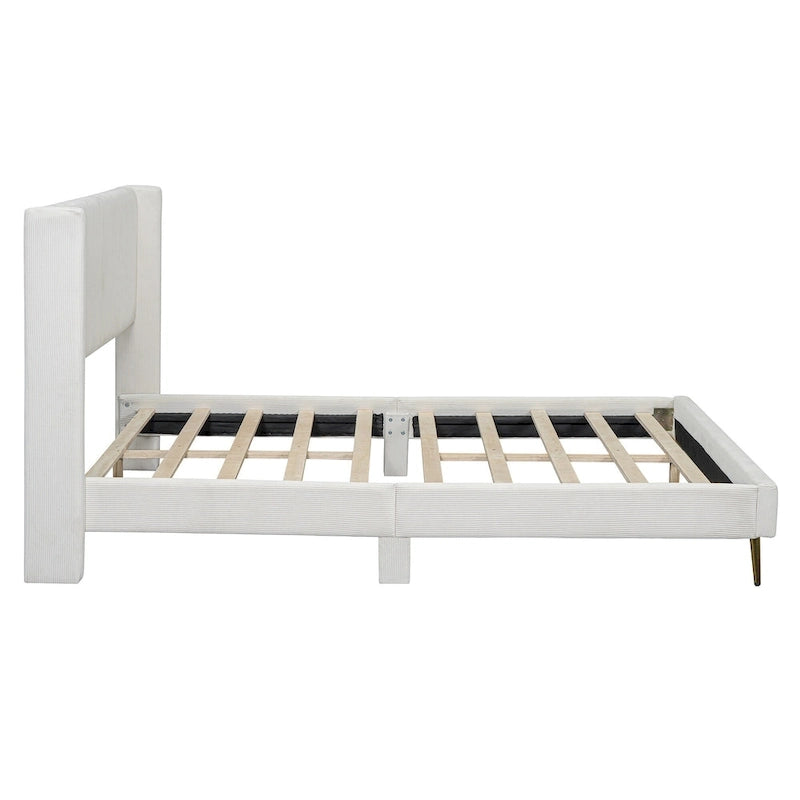 Lit plateforme Queen en velours côtelé gris / rose / beige avec tête de lit capitonnée – Assemblage à 2 personnes