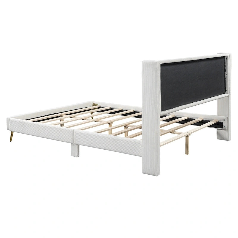 Lit plateforme Queen en velours côtelé gris / rose / beige avec tête de lit capitonnée – Assemblage à 2 personnes