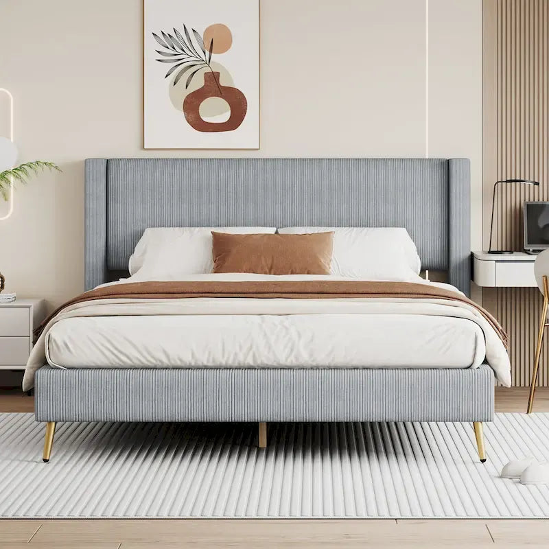 Lit plateforme Queen en velours côtelé gris / rose / beige avec tête de lit capitonnée – Assemblage à 2 personnes