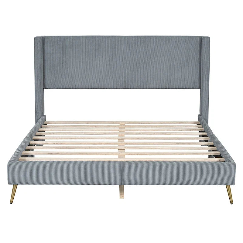 Lit plateforme Queen en velours côtelé gris / rose / beige avec tête de lit capitonnée – Assemblage à 2 personnes