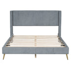 Lit plateforme Queen en velours côtelé gris / rose / beige avec tête de lit capitonnée – Assemblage à 2 personnes