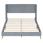 Lit plateforme Queen en velours côtelé gris / rose / beige avec tête de lit capitonnée – Assemblage à 2 personnes