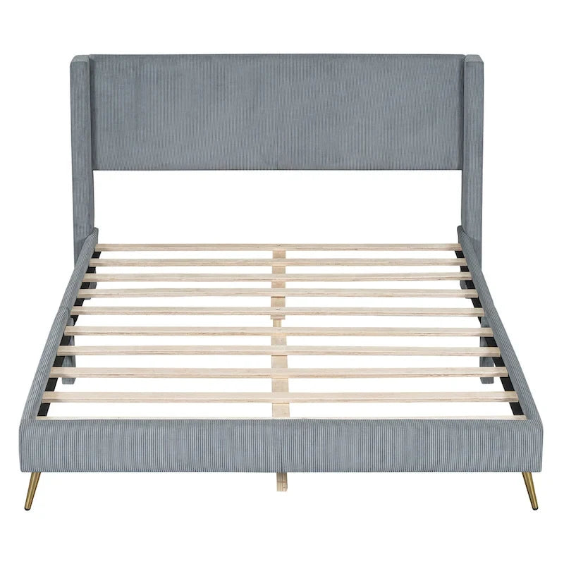 Lit plateforme Queen en velours côtelé gris / rose / beige avec tête de lit capitonnée – Assemblage à 2 personnes