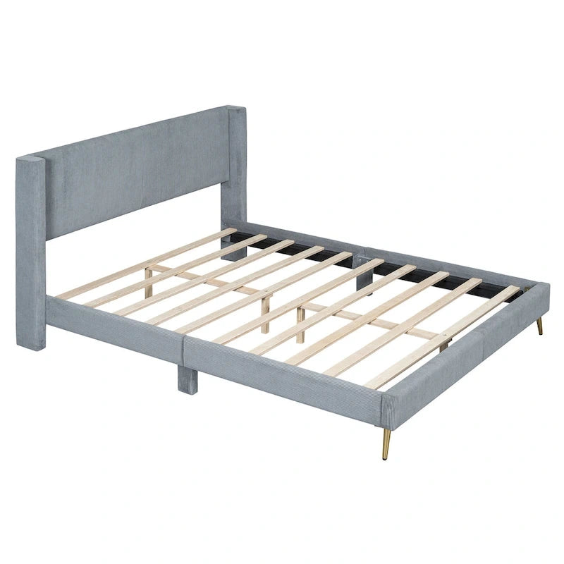 Lit plateforme Queen en velours côtelé gris / rose / beige avec tête de lit capitonnée – Assemblage à 2 personnes