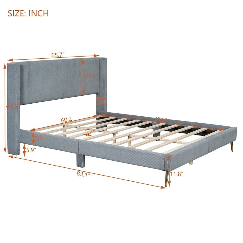Lit plateforme Queen en velours côtelé gris / rose / beige avec tête de lit capitonnée – Assemblage à 2 personnes