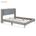 Lit plateforme Queen en velours côtelé gris / rose / beige avec tête de lit capitonnée – Assemblage à 2 personnes