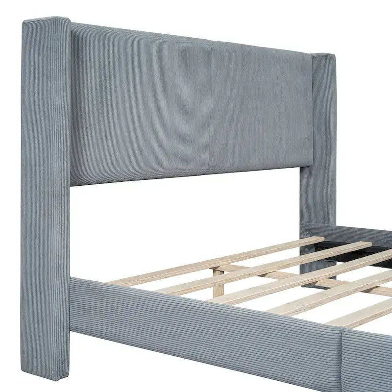 Lit plateforme Queen en velours côtelé gris / rose / beige avec tête de lit capitonnée – Assemblage à 2 personnes