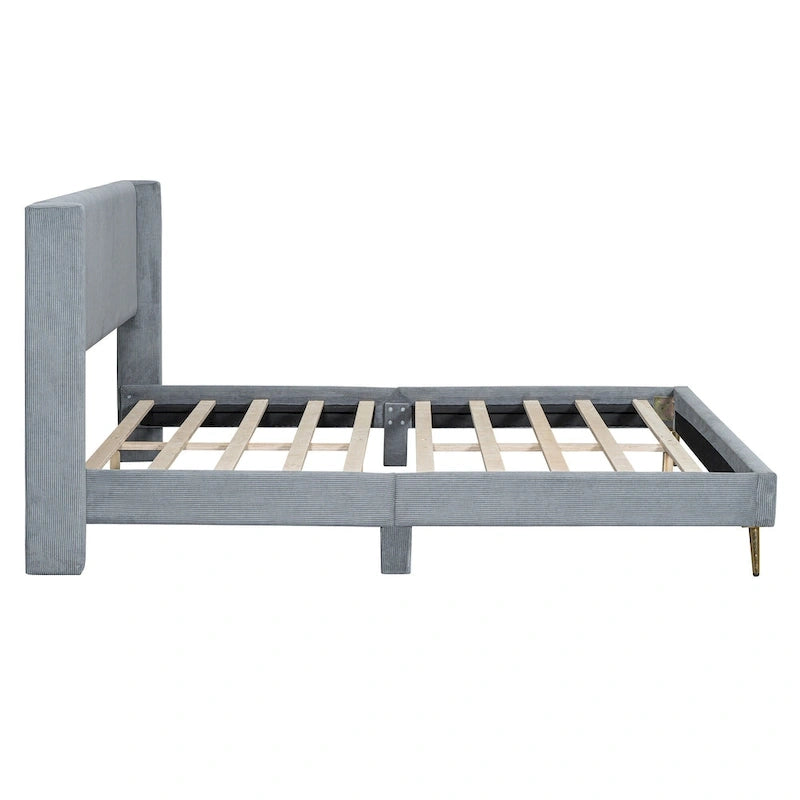 Lit plateforme Queen en velours côtelé gris / rose / beige avec tête de lit capitonnée – Assemblage à 2 personnes