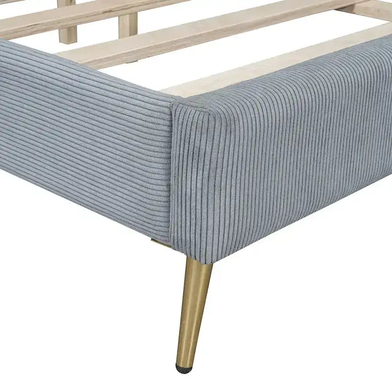 Lit plateforme Queen en velours côtelé gris / rose / beige avec tête de lit capitonnée – Assemblage à 2 personnes