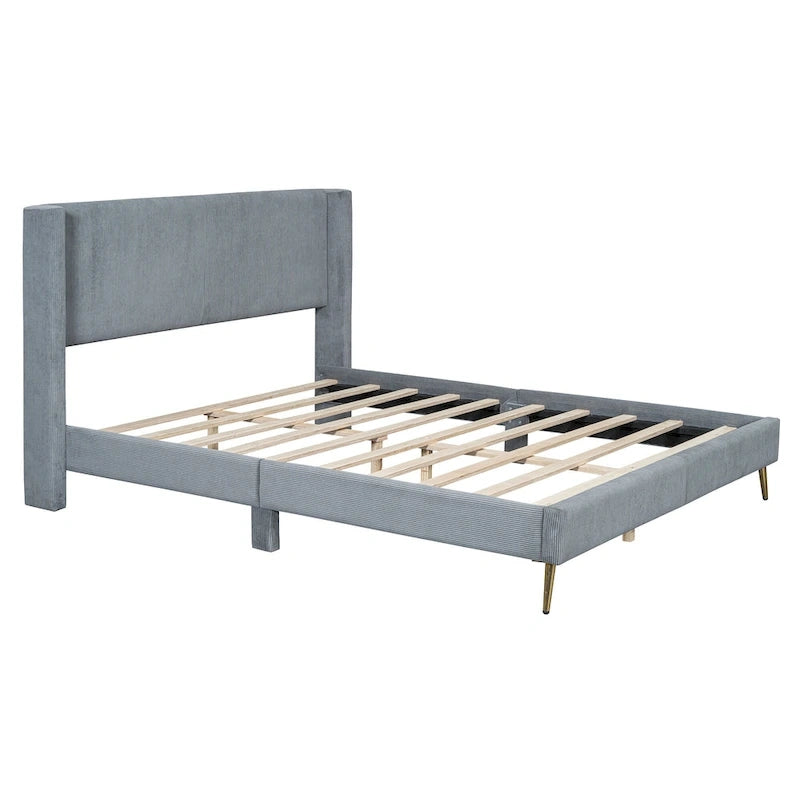 Lit plateforme Queen en velours côtelé gris / rose / beige avec tête de lit capitonnée – Assemblage à 2 personnes
