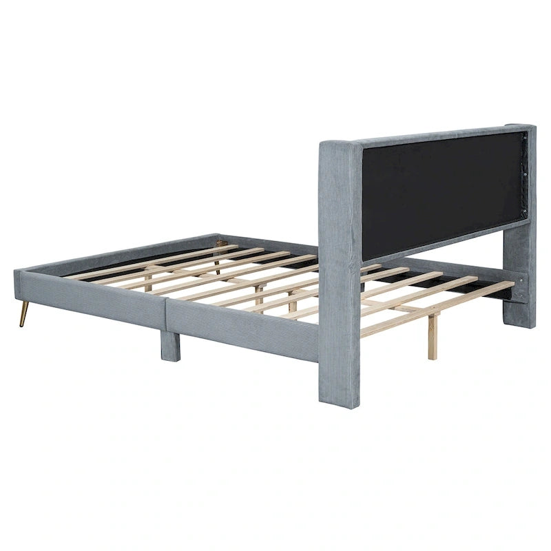 Lit plateforme Queen en velours côtelé gris / rose / beige avec tête de lit capitonnée – Assemblage à 2 personnes