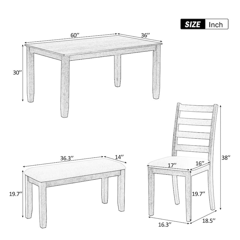 Ensemble de salle à manger 6 pièces marron et blanc délavé, table rectangulaire, 4 chaises et banc, 6 places