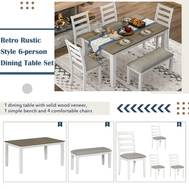 Ensemble de salle à manger 6 pièces marron et blanc délavé, table rectangulaire, 4 chaises et banc, 6 places