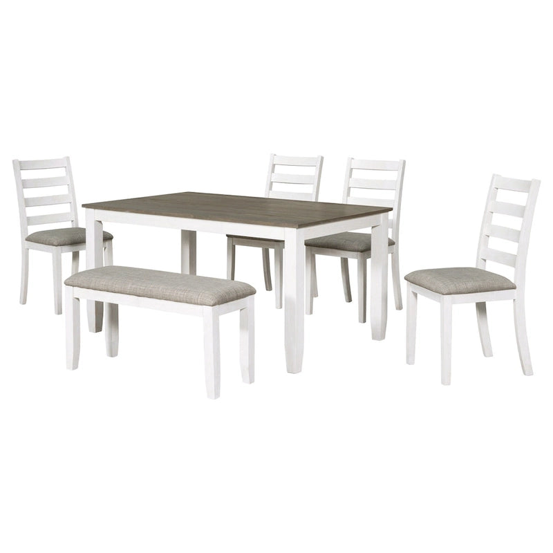 Ensemble de salle à manger 6 pièces marron et blanc délavé, table rectangulaire, 4 chaises et banc, 6 places