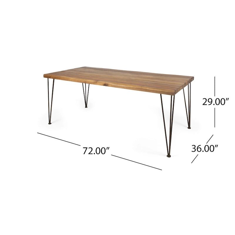 Table à manger rectangulaire en teck et métal rustique, 6 places