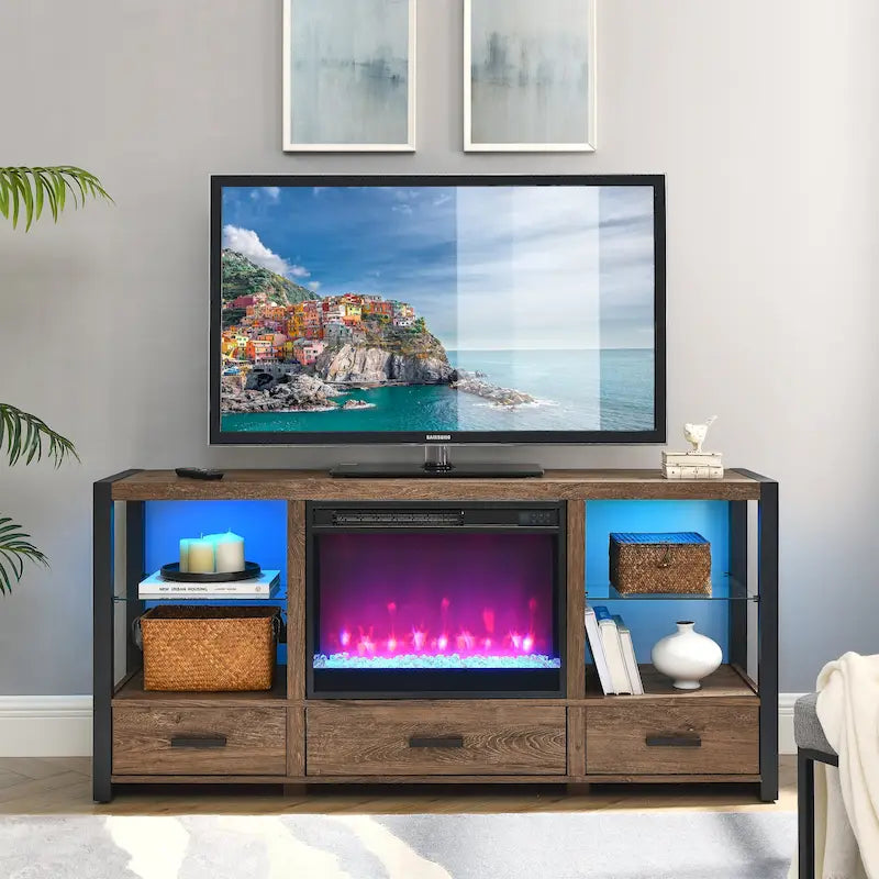 Meuble TV avec cheminée électrique 60 pouces, Marron rustique et gris patiné, Convient aux téléviseurs jusqu'à 70 pouces