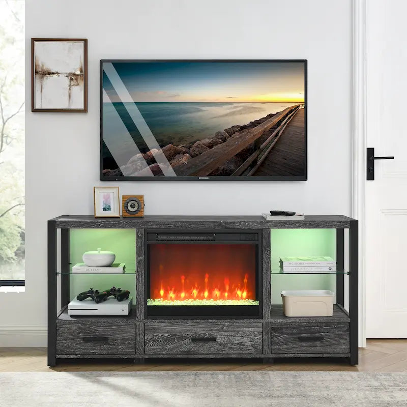 Meuble TV avec cheminée électrique 60 pouces, Marron rustique et gris patiné, Convient aux téléviseurs jusqu'à 70 pouces