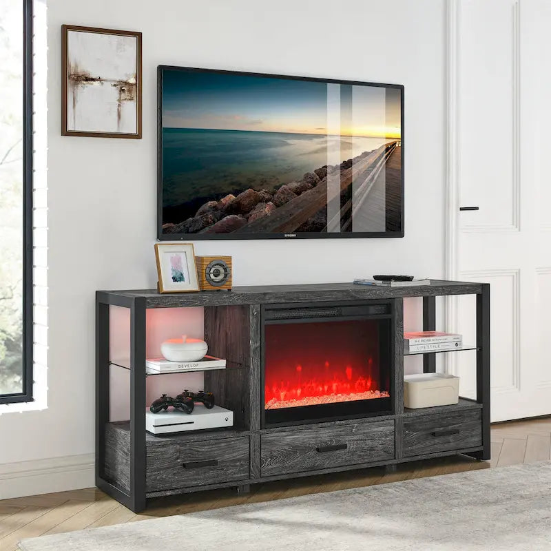 Meuble TV avec cheminée électrique 60 pouces, Marron rustique et gris patiné, Convient aux téléviseurs jusqu'à 70 pouces
