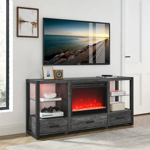 Meuble TV avec cheminée électrique 60 pouces, Marron rustique et gris patiné, Convient aux téléviseurs jusqu'à 70 pouces