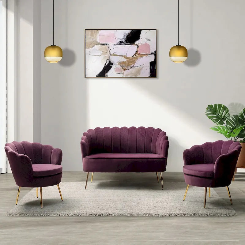 Ensemble salon 3 pièces en velours – 1 causeuse et 2 fauteuils, plusieurs coloris