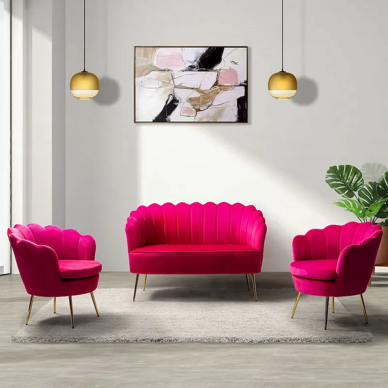 Ensemble salon 3 pièces en velours – 1 causeuse et 2 fauteuils, plusieurs coloris