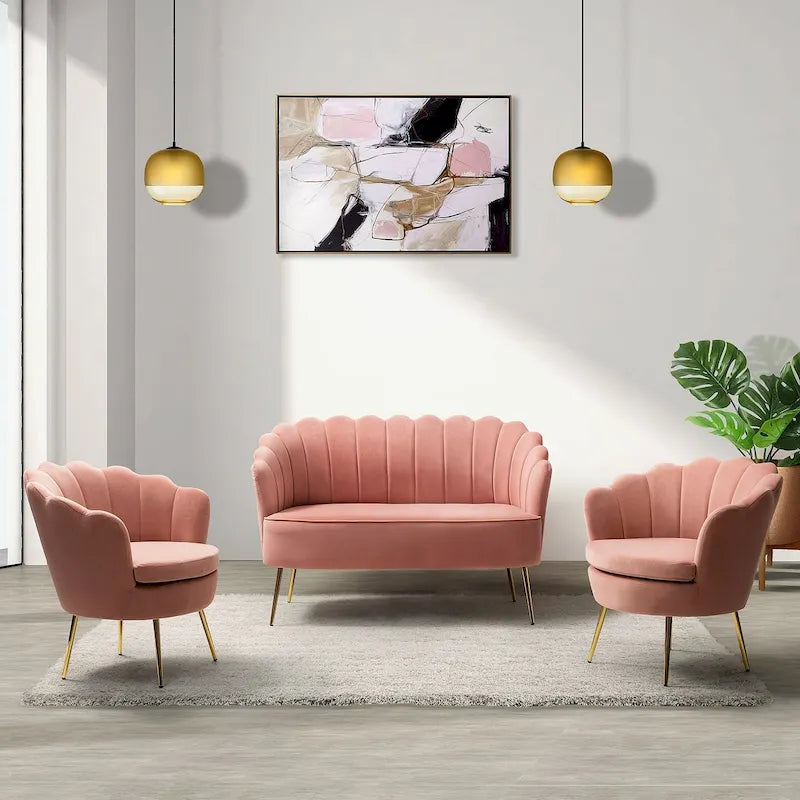 Ensemble salon 3 pièces en velours – 1 causeuse et 2 fauteuils, plusieurs coloris