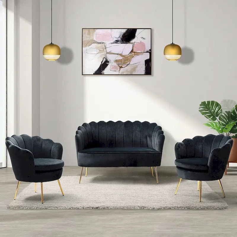 Ensemble salon 3 pièces en velours – 1 causeuse et 2 fauteuils, plusieurs coloris