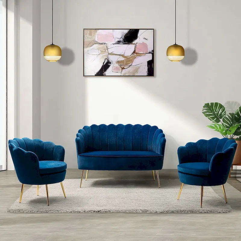 Ensemble salon 3 pièces en velours – 1 causeuse et 2 fauteuils, plusieurs coloris
