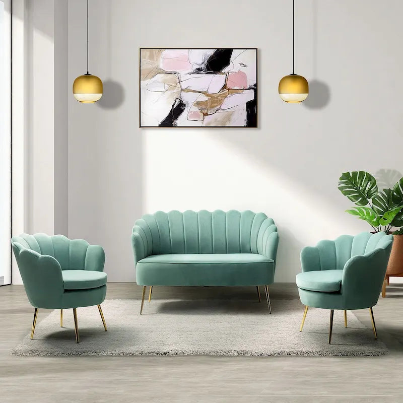 Ensemble salon 3 pièces en velours – 1 causeuse et 2 fauteuils, plusieurs coloris