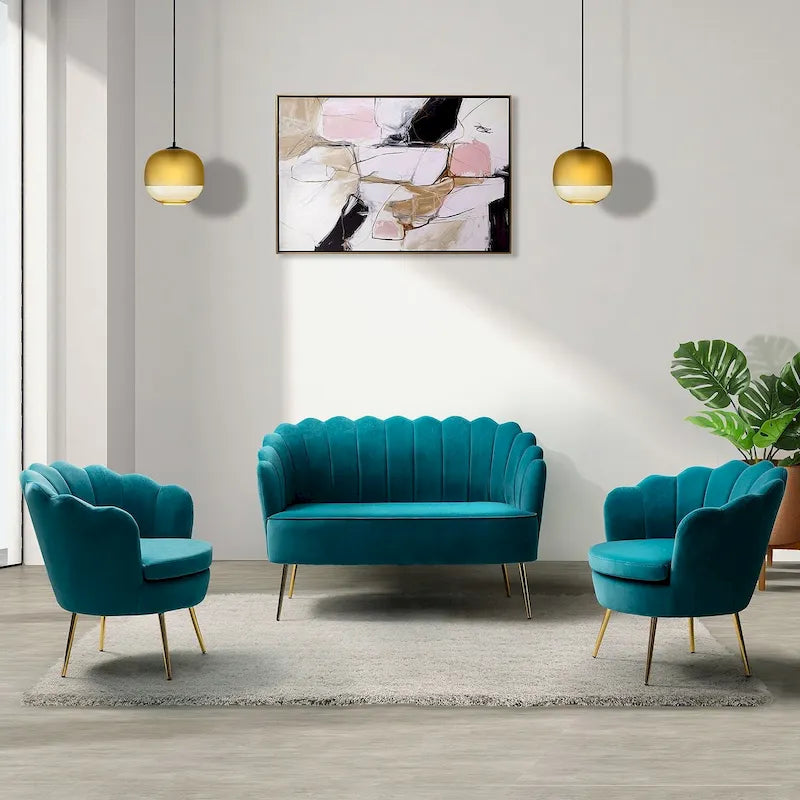 Ensemble salon 3 pièces en velours – 1 causeuse et 2 fauteuils, plusieurs coloris