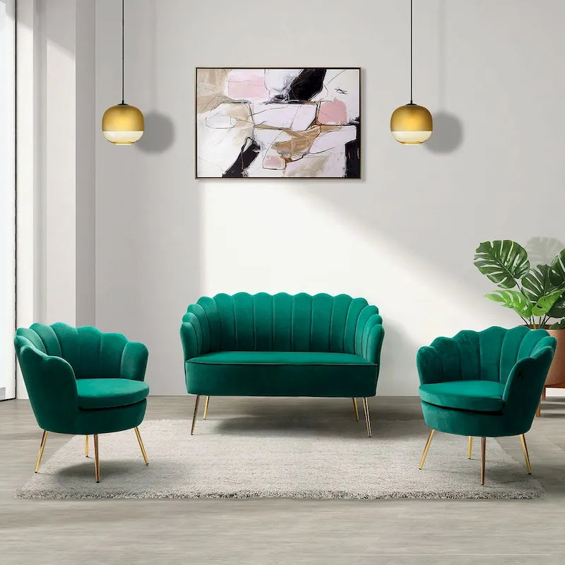 Ensemble salon 3 pièces en velours – 1 causeuse et 2 fauteuils, plusieurs coloris