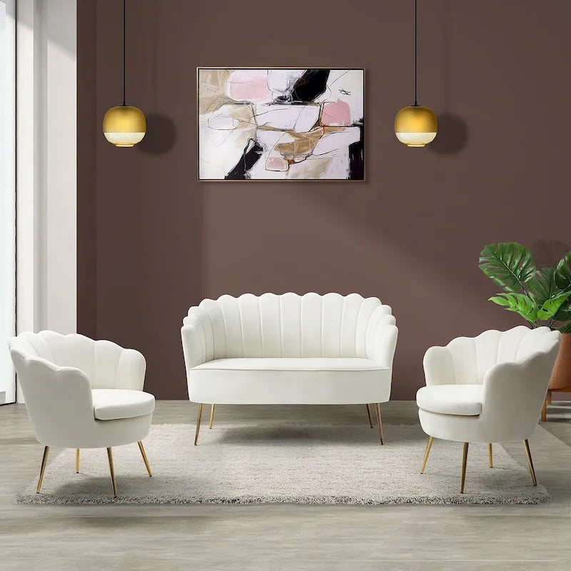 Ensemble salon 3 pièces en velours – 1 causeuse et 2 fauteuils, plusieurs coloris