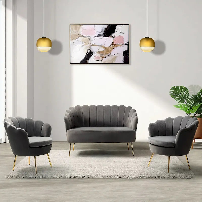 Ensemble salon 3 pièces en velours – 1 causeuse et 2 fauteuils, plusieurs coloris
