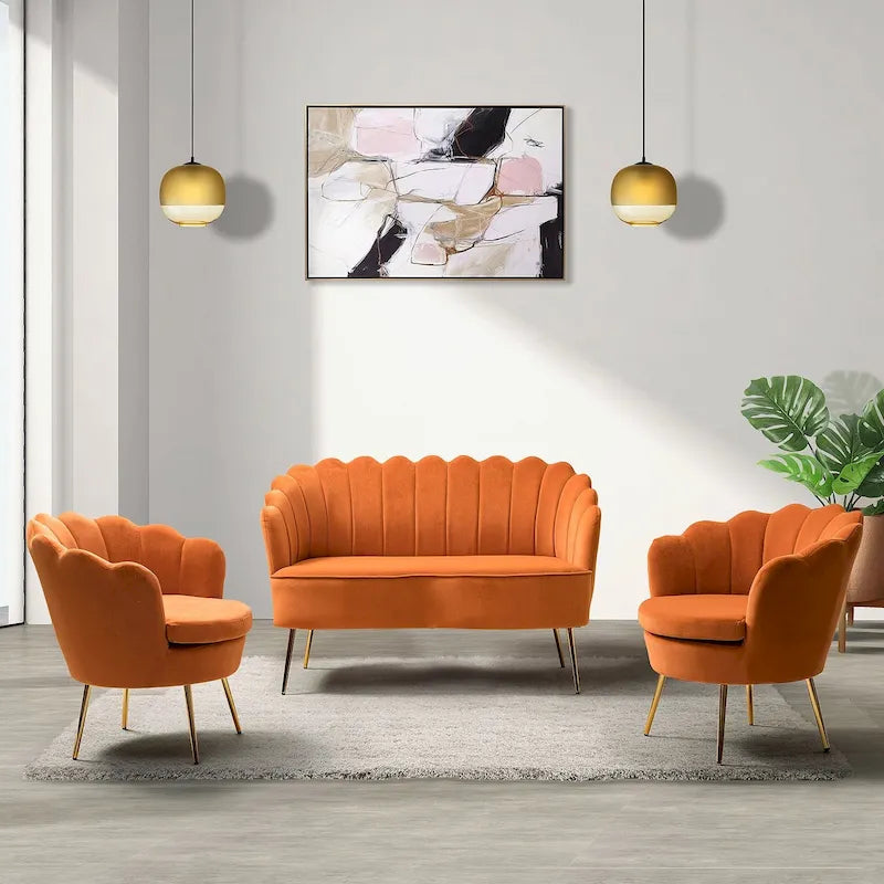 Ensemble salon 3 pièces en velours – 1 causeuse et 2 fauteuils, plusieurs coloris