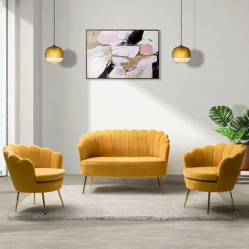 Ensemble salon 3 pièces en velours – 1 causeuse et 2 fauteuils, plusieurs coloris