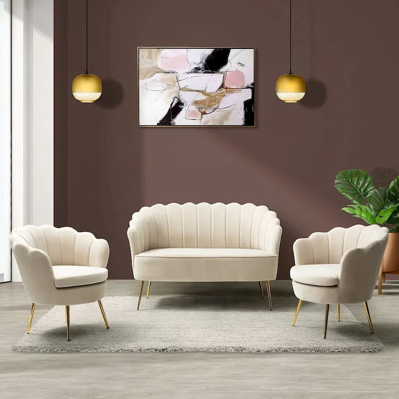 Ensemble salon 3 pièces en velours – 1 causeuse et 2 fauteuils, plusieurs coloris
