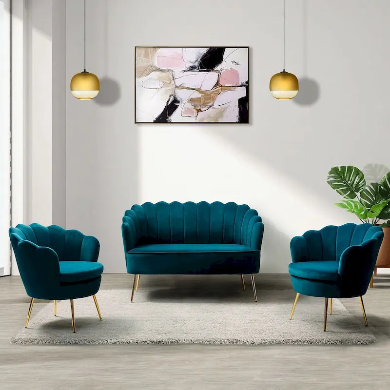 Ensemble salon 3 pièces en velours – 1 causeuse et 2 fauteuils, plusieurs coloris