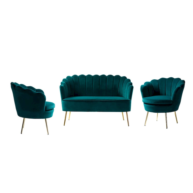 Ensemble salon 3 pièces en velours – 1 causeuse et 2 fauteuils, plusieurs coloris