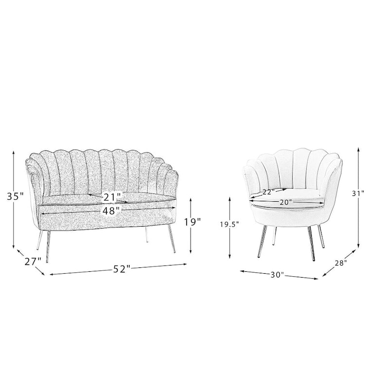 Ensemble salon 3 pièces en velours – 1 causeuse et 2 fauteuils, plusieurs coloris