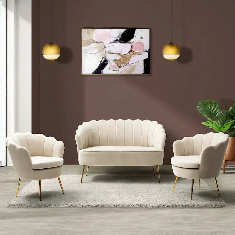 Ensemble salon 3 pièces en velours – 1 causeuse et 2 fauteuils, plusieurs coloris