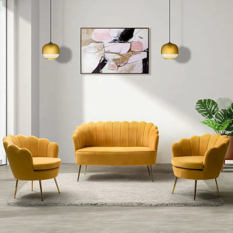 Ensemble salon 3 pièces en velours – 1 causeuse et 2 fauteuils, plusieurs coloris