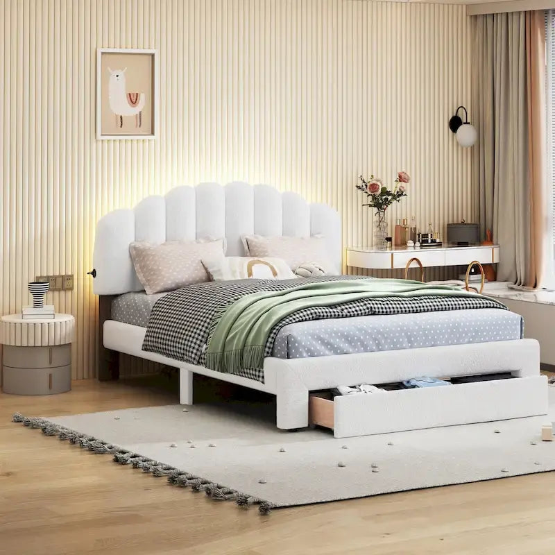 Lit plateforme Queen tapissé blanc/beige/gris avec LED et tiroir de rangement, 2 personnes