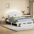 Lit plateforme Queen tapissé blanc/beige/gris avec LED et tiroir de rangement, 2 personnes