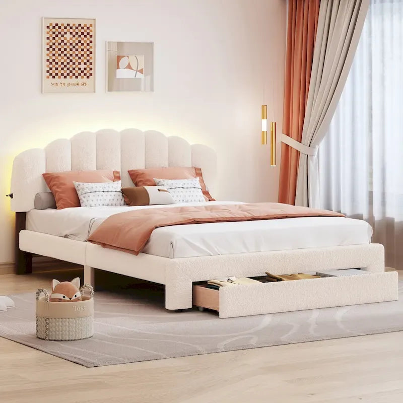 Lit plateforme Queen tapissé blanc/beige/gris avec LED et tiroir de rangement, 2 personnes