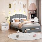 Lit plateforme Queen tapissé blanc/beige/gris avec LED et tiroir de rangement, 2 personnes